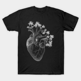 Silver Color Anatomically Correct Human Heart - Palm Trees T-Shirt
